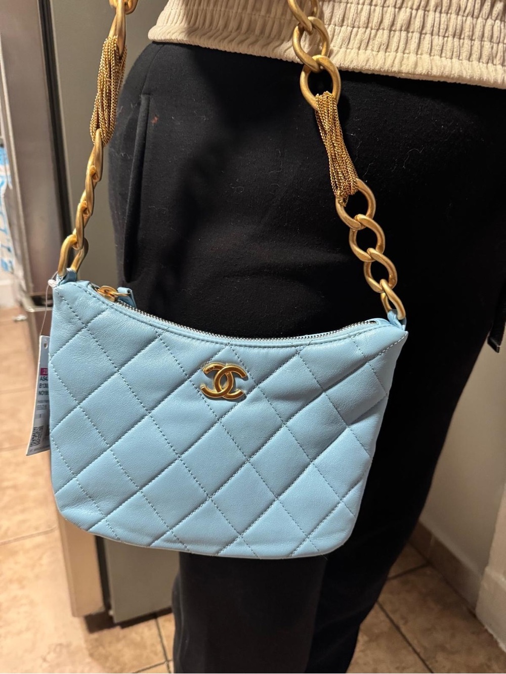 CHANEL Quilted Mini Shoulder Bag in Light Blue with Gold Hardware